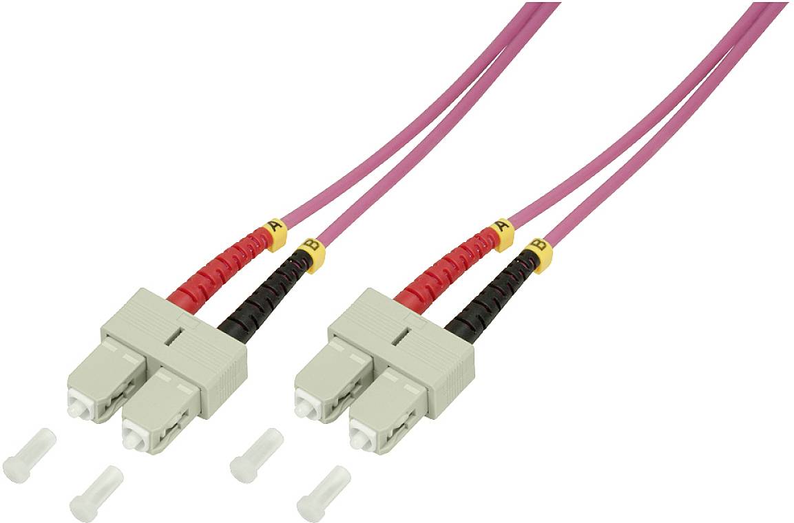 Zwei Glasfaserkabel mit rosa Ummantelung und grauen Steckern. Die Stecker haben rote und schwarze Markierungen.