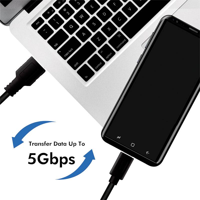 Ein Laptop und ein Smartphone sind mit einem Kabel verbunden. Ein Pfeil zeigt auf eine Datenübertragungsrate von bis zu 5 Gbps.