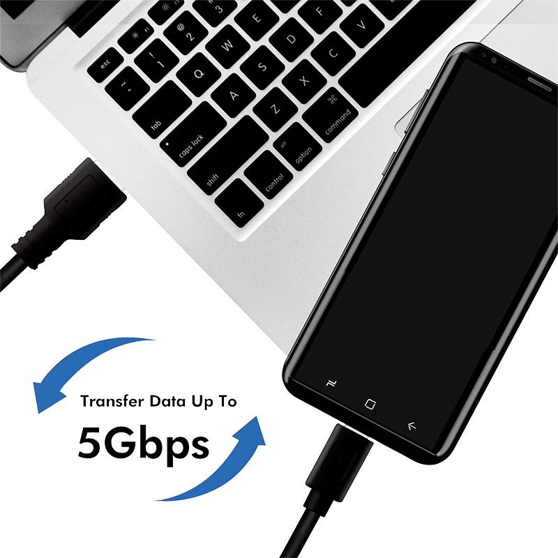 Laptop und Smartphone verbunden mit Kabeln, Pfeile zeigen Datenübertragung bis zu 5 Gbps an.