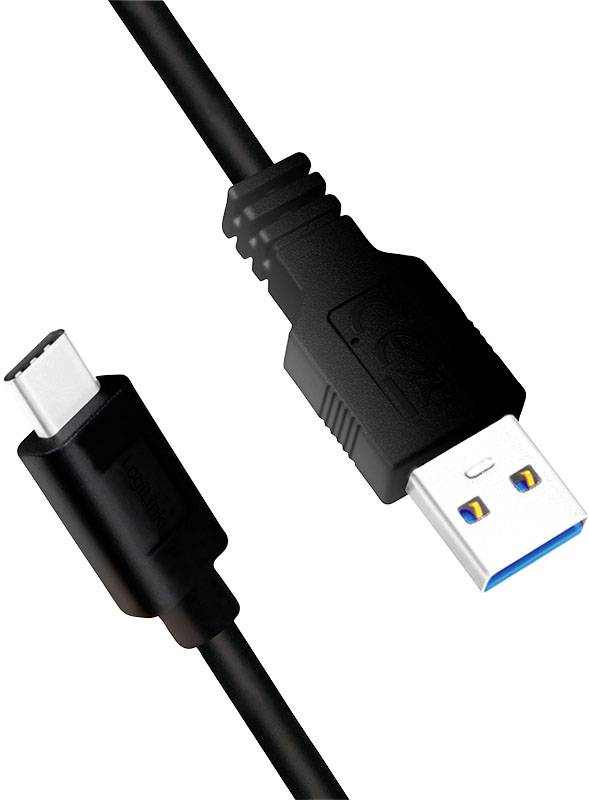 Ein schwarzes USB-Kabel mit einem USB-C-Stecker und einem herkömmlichen USB-A-Stecker.