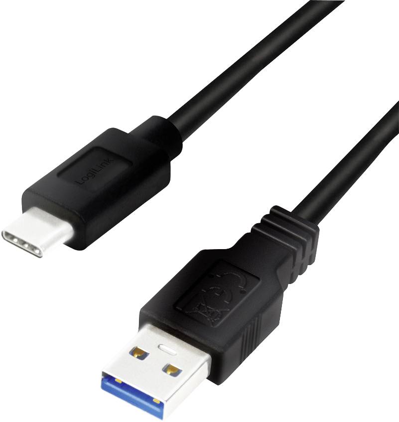 Schwarzes USB-Kabel mit USB-A und USB-C Anschlüssen. USB-C Spitze ist glatt und kleiner, USB-A hat blaue Innenausstattung.