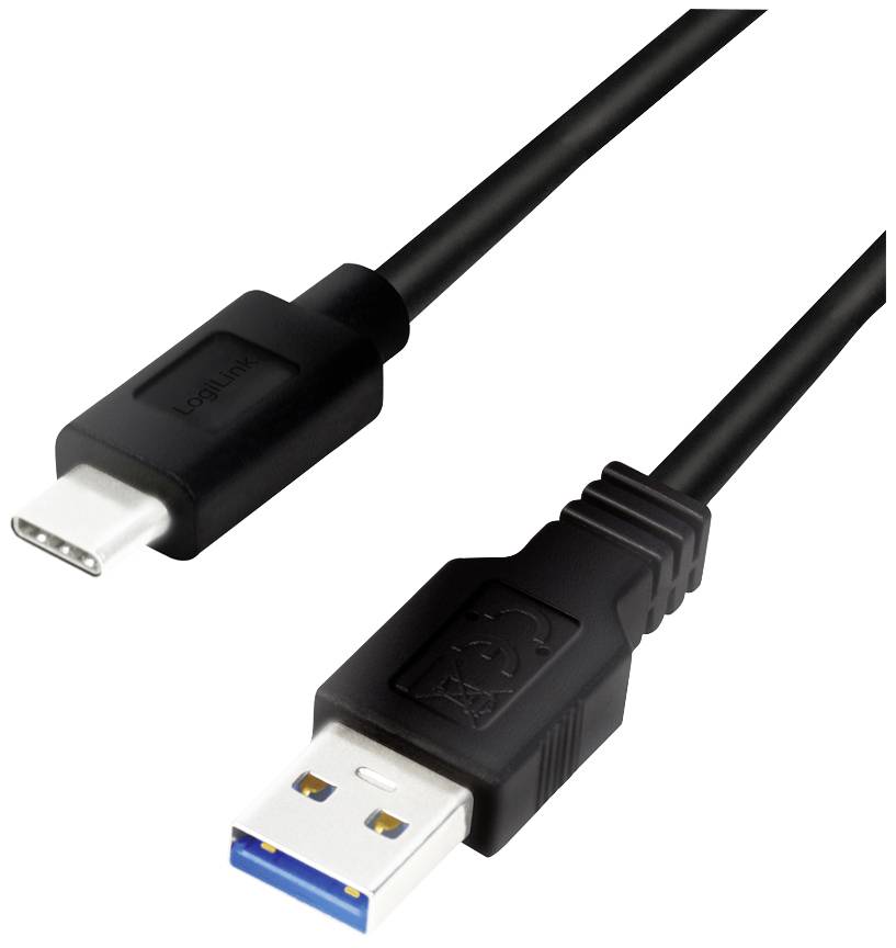 Ein schwarzes USB-Kabel mit einem USB-C-Stecker auf der linken Seite und einem USB-A-Stecker auf der rechten Seite.