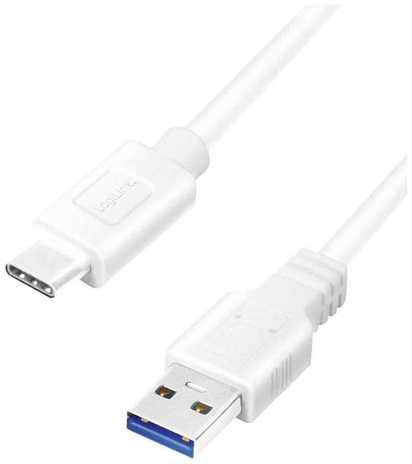 Ein weißes Kabel mit USB-C-Anschluss auf der einen Seite und USB-A-Anschluss auf der anderen Seite.