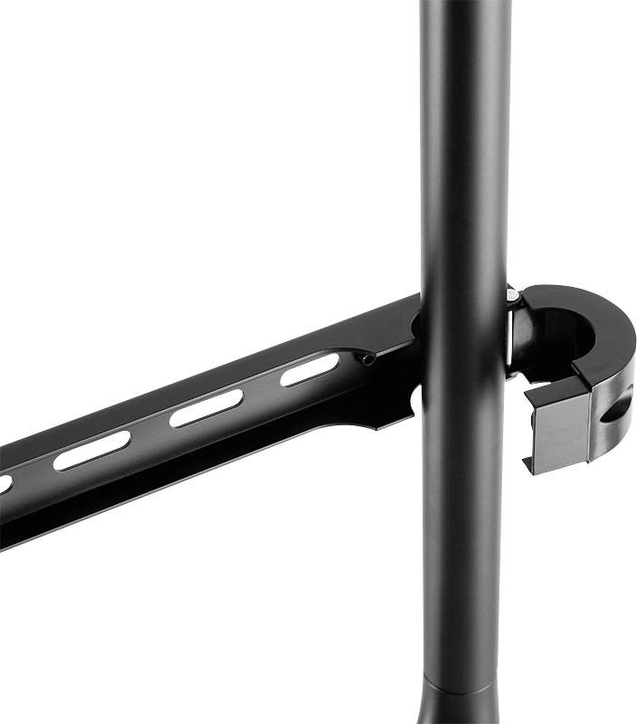 Schwarzes Metallgestell mit vertikaler und horizontaler Stange, seitlich verbunden. Geeignet für Regal- oder Möbelstrukturen.