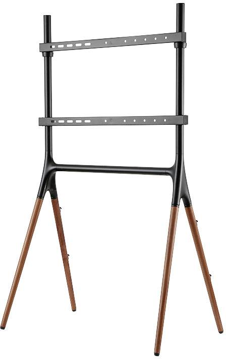 Ein stilvoller TV-Ständer mit schwarzem Metallrahmen und Holzbeinen, geeignet zur Präsentation von Flachbildfernsehern.