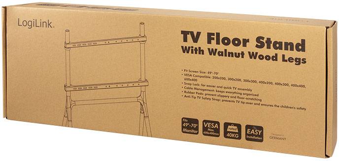 'LogiLink TV Floor Stand' Verpackung zeigt Ständer mit Walnuss-Holzbeinen, geeignet für 49–70 Zoll Monitore, max. 40 kg Last.
