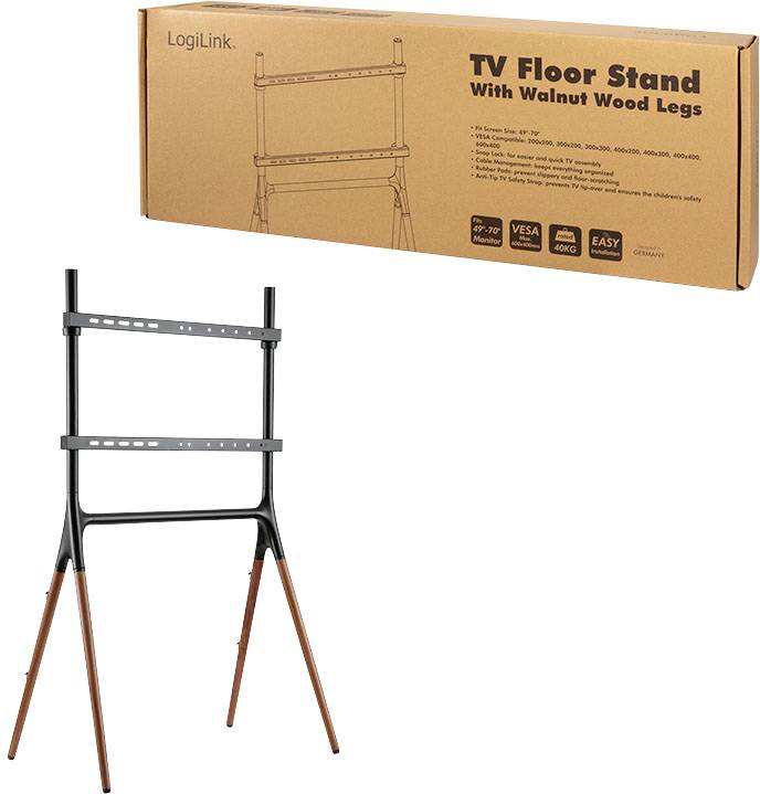 'LogiLink TV-Ständer mit Walnussbeinen im Karton und aufgebautem schwarzen Ständer mit braunen Holzbeinen, passend für 32