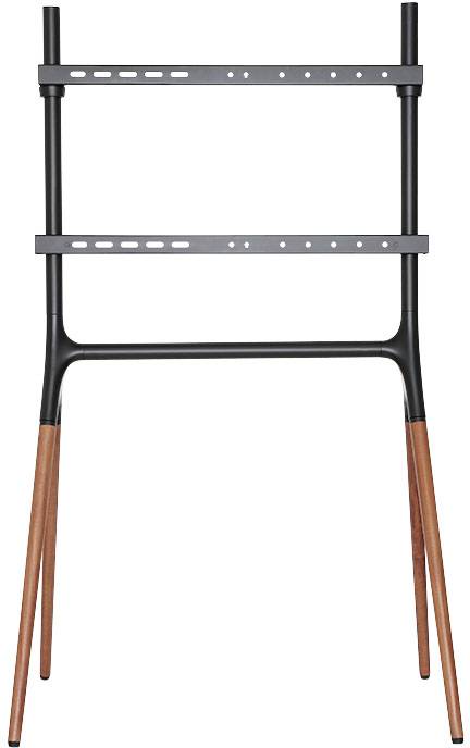 Ein moderner Standfuß mit schwarzen Metallstreben und vier Beinen, teilweise aus Holz, geeignet zum Halten eines elektronischen Geräts.