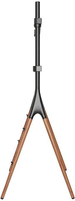 Dreibeiniger Ständer mit dünnen Holzbeinen und einem Metallmast, geeignet für Instrumenten- oder Lautsprecherhalterungen.