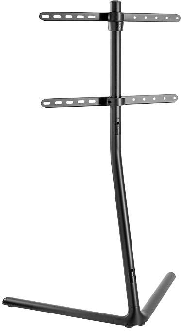 Ein schwarzer Ständer für einen Flachbildschirm, mit höhenverstellbaren Halterungen und stabiler Basis.