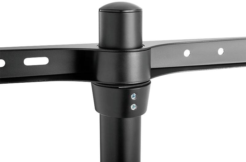 Schwarzes TV-Wandhalterungssystem, Nahaufnahme. Zeigt einen zentralen Drehpunkt mit mehreren Schraubanschlüssen für flexible Montage.