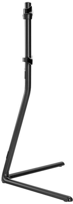 Ein schwarzer Mikrofonständer mit verstellbarer Höhe und einem stabilen, z-förmigen Metallfuß, geeignet für Bühnen- oder Studioanwendungen.