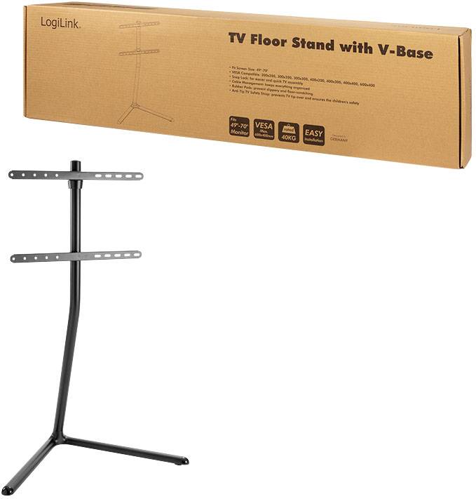Verpackung und TV-Bodenständer mit V-förmiger Basis von LogiLink gezeigt. Enthält Merkmale und Kompatibilitätsdetails auf der Box.