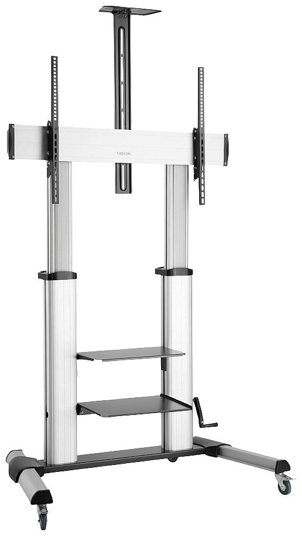 Ein verstellbarer TV-Ständer mit Rädern, zwei Regalböden und Halterung für Flachbildschirme. Geeignet für Präsentationen oder Veranstaltungen.