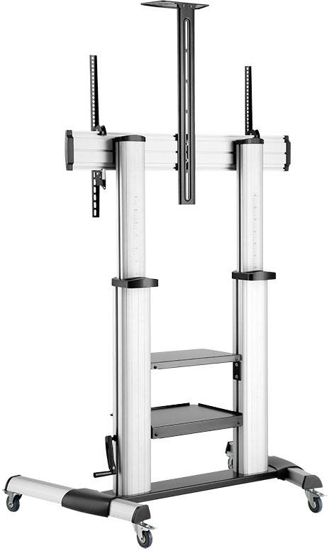 Höhenverstellbarer TV-Standfuß mit Halterung und Rollen. Geeignet für Präsentationen, mit mehreren Ablagen für Zubehör.