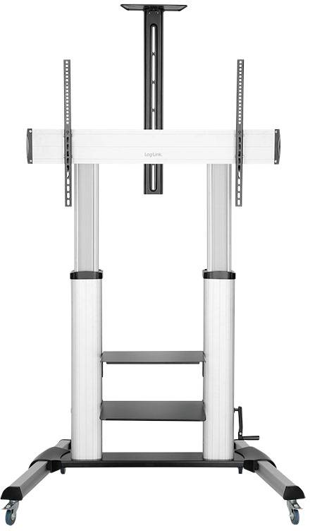 Ein höhenverstellbarer TV-Wagen auf Rädern, ideal für Präsentationen oder mobile Medienanzeige. Robust gebaut mit Regalen für Zubehör.