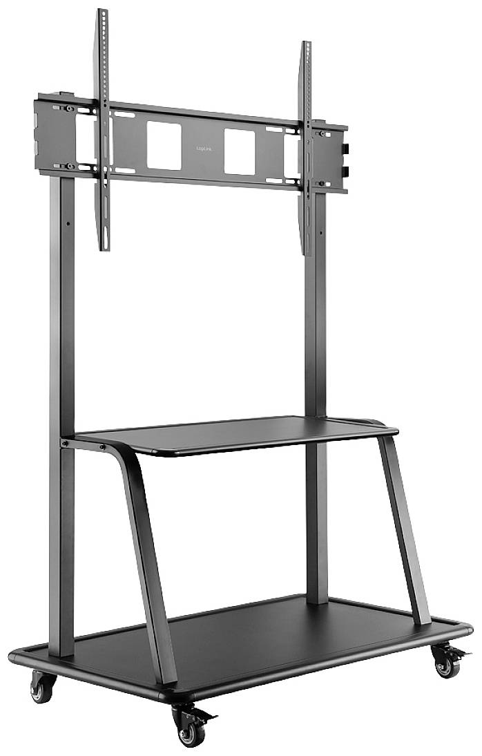 Halterung für Flachbildschirm mit zwei Ablageflächen und Rollen. Geeignet zur flexiblen Präsentationstechnik in Büros oder Konferenzräumen.