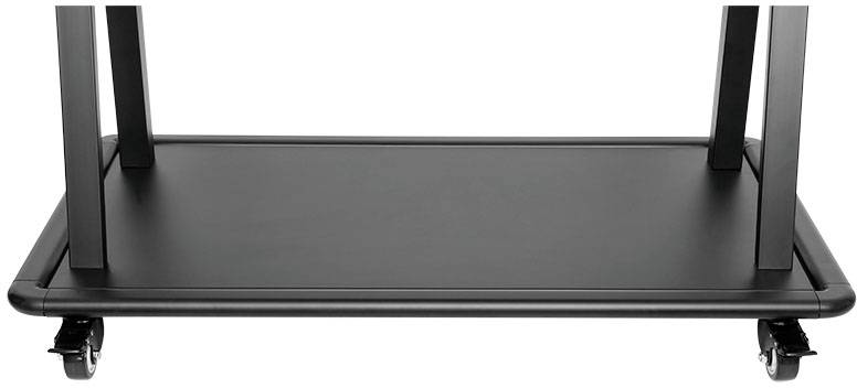 Schwarzer, rechteckiger Tischwagen mit vier Rollen. Ideal zum Transport von Gegenständen in Büros oder Werkstätten.