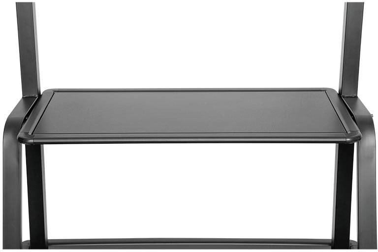 Schwarzer Metallstuhl ohne Polsterung mit schlichtem Design. Er hat eine glatte Sitzfläche und zeigt keine weiteren Verzierungen oder Details.