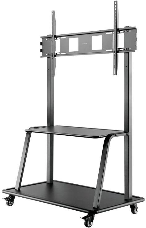 Mobiler TV-Ständer mit Rollen, höhenverstellbar, aus schwarzem Metall, mit Ablage, ideal für Präsentationen oder Veranstaltungen.