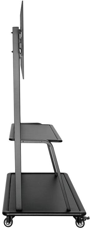 Seitenansicht eines schwarzen mobilen TV-Ständers auf Rollen mit zwei Ablageflächen, geeignet für Präsentationen und Büros.