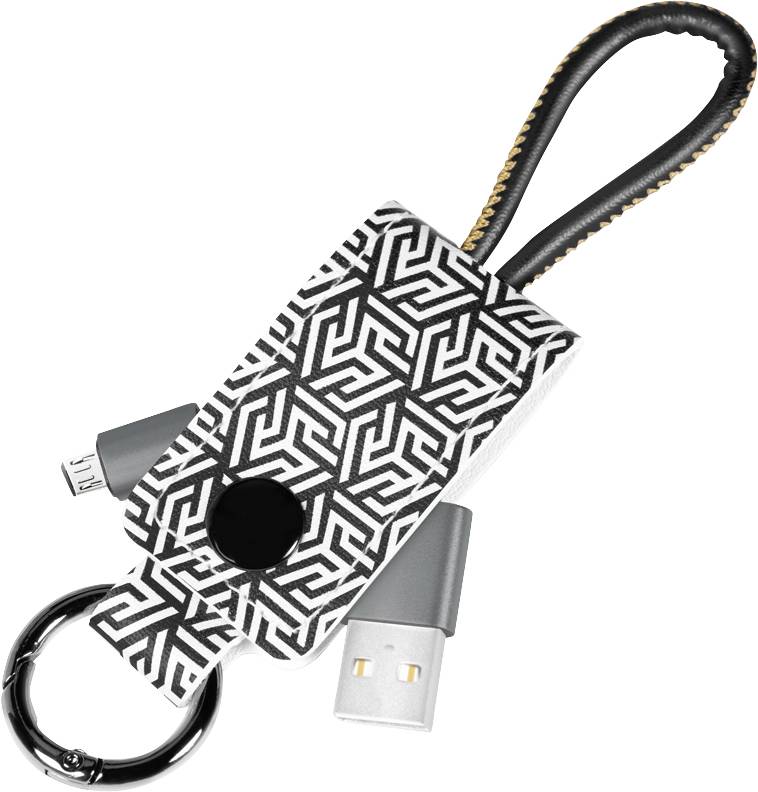 Ein USB-Ladekabel mit geometrischem Muster und Schlüsselring, verfügt über Anschlüsse für USB, Mikro-USB und Lightning.