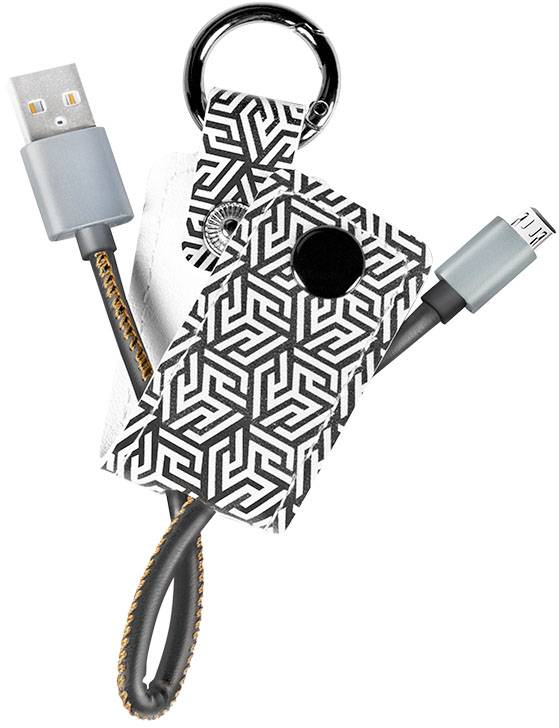 Schlüsselanhänger mit USB-Kabel, schwarz-weißes geometrisches Muster, modernes Design, tragbar für unterwegs.