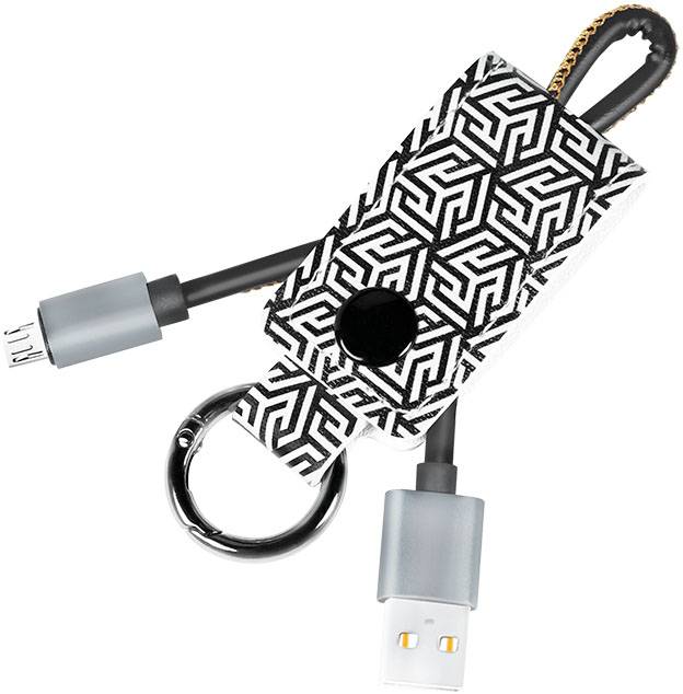 USB-Ladekabel in geometrischem Etuimuster mit Schlüsselanhänger, enthält USB- und Mikro-USB-Stecker. Praktisch für unterwegs.