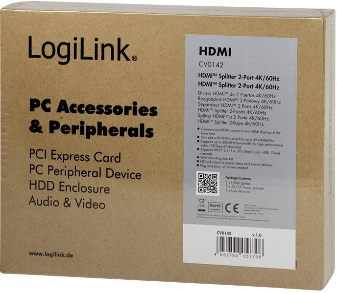 LogiLink CV0142 1 zu 2 HDMI-Splitter mit Aluminiumgehäuse, mit Status-LEDs 3840 x 2160 Pixel Schwarz