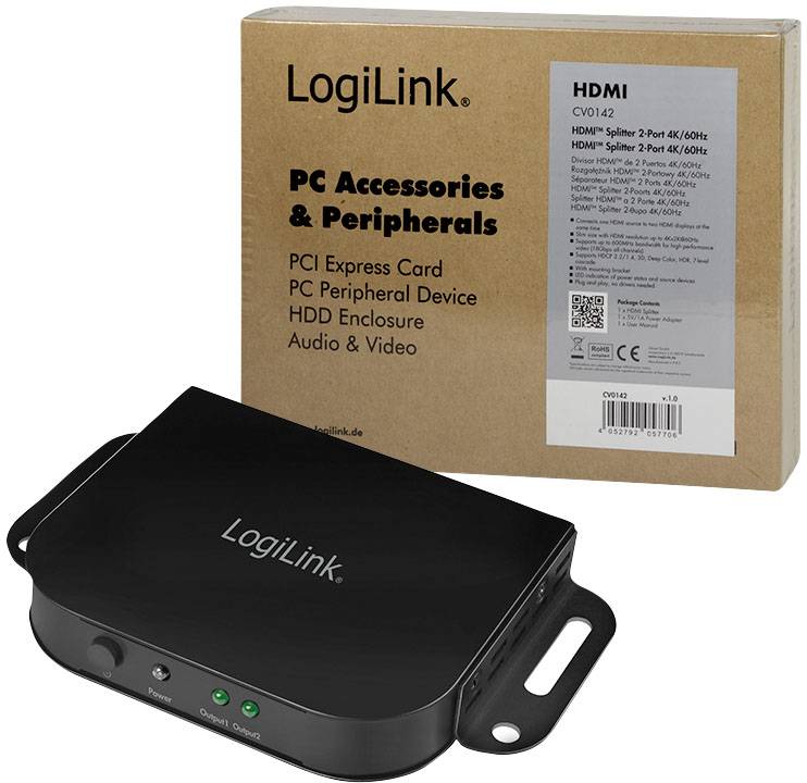 LogiLink CV0142 1 zu 2 HDMI-Splitter mit Aluminiumgehäuse, mit Status-LEDs 3840 x 2160 Pixel Schwarz