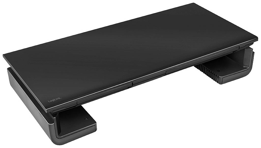 Ein schwarzer Monitorständer mit erhöhtem Design bietet Platz für einen Bildschirm, kompatibel mit verschiedenen Schreibtischumgebungen.