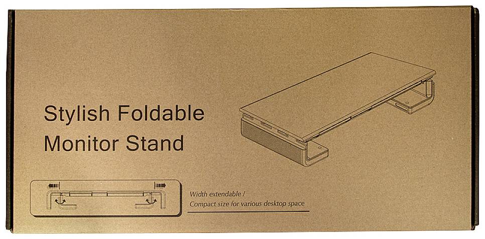 'Stylish Foldable Monitor Stand' Verpackung mit Skizze eines ausziehbaren Monitorständers, kompakt für diverse Schreibtischgrößen.