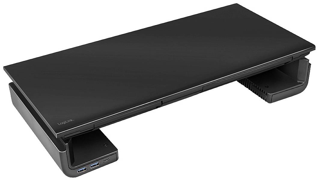 Ein schwarzer Laptopständer von Logitech mit zwei USB-Anschlüssen auf der linken Seite. Designed zur ergonomischen Arbeitsplatzoptimierung.