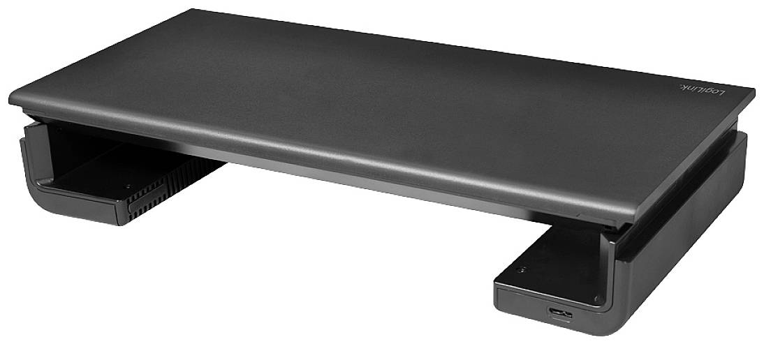 Ein schwarzer Monitorständer mit mehreren Ablagefächern. Erhöht den Bildschirm für ergonomisches Arbeiten und bietet Stauraum.