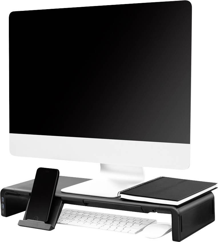 Ein Monitor auf einem Ständer, darunter eine Tastatur. Links steht ein Smartphone in einer Halterung, rechts liegt ein Notizbuch.