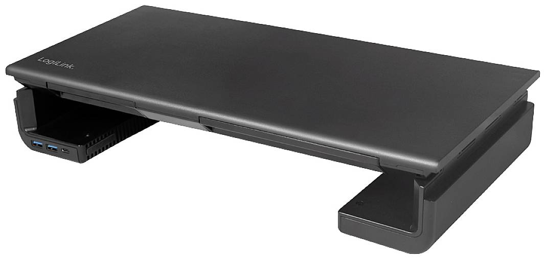 Ein schwarzer Laptopständer mit integriertem USB-Hub und flachem Design zur Verbesserung der Bildschirmhöhe und Ergonomie.