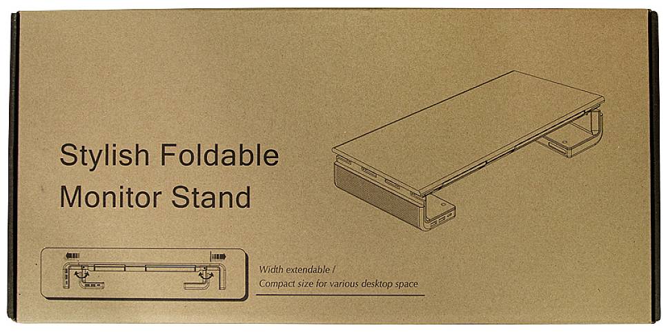 Kartonverpackung mit der Aufschrift 'Stylish Foldable Monitor Stand'. Zeichnung zeigt einen ausziehbaren Monitorständer.