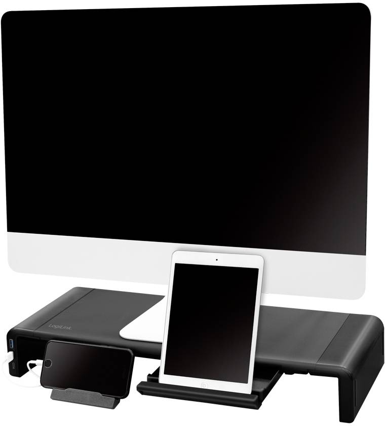 Ein Computerbildschirm auf einem schwarzen Monitorständer, mit einem Tablet und einem Smartphone darunter platziert.