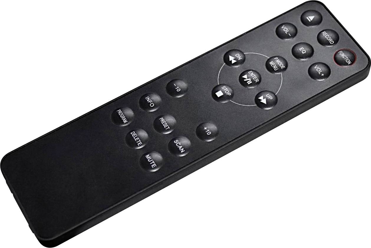 Schwarze Fernbedienung mit mehreren Tasten, darunter 'Power', 'Mute', 'Reset' und Zahlenknöpfe, verwendet zur Steuerung elektronischer Geräte.