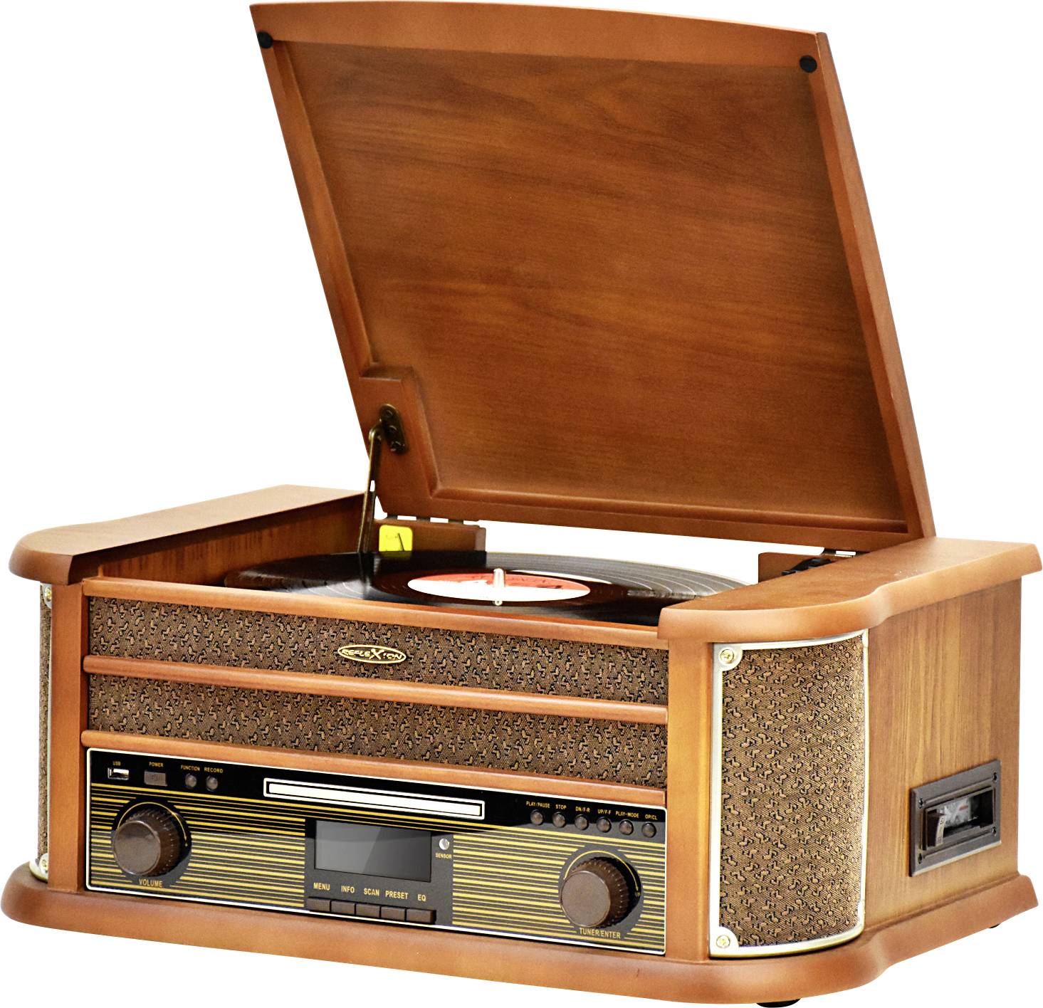 Ein Retro-Plattenspieler mit geöffnetem Deckel. Ein schwarzes Vinyl mit rotem Label wird abgespielt. Holzgehäuse im Vintage-Stil.