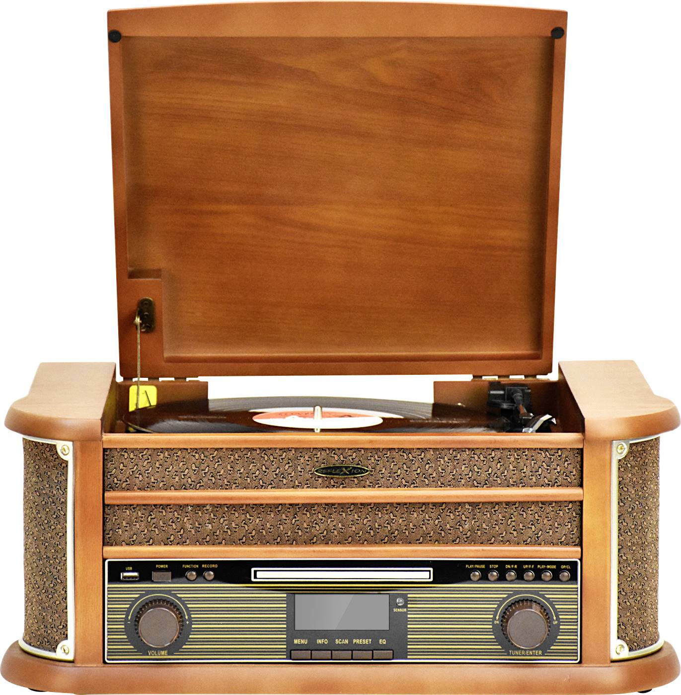 Ein Retro-Plattenspieler mit offenem Deckel spielt eine Schallplatte ab. Das Design erinnert an ein altes Radio mit modernen Bedienelementen.