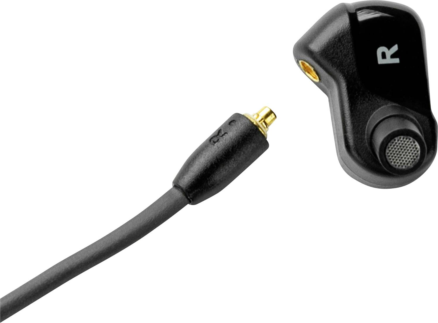 Ein abnehmbahrer Ohrhörer mit abgetrenntem Anschlusskabel, gekennzeichnet mit einem 'R' für rechts, auf weißem Hintergrund.