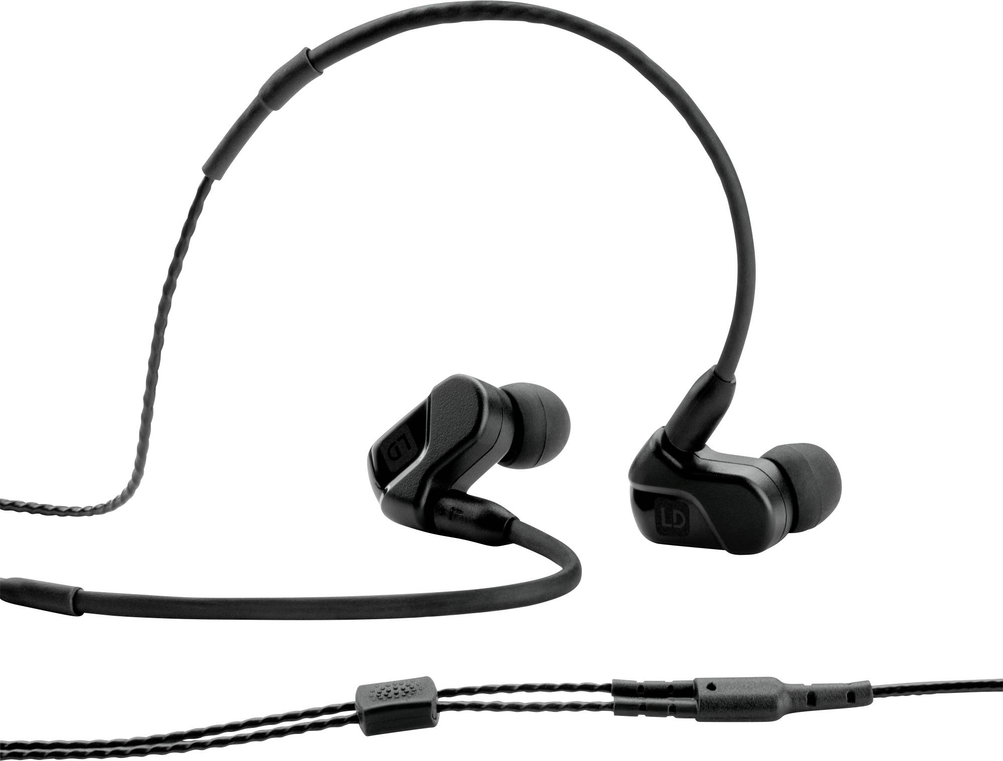 Schwarze In-Ear-Kopfhörer mit kabelgebundener Verbindung. Geeignet für Musikgenuss und Telefonate. Ergonomisches Design für Komfort.