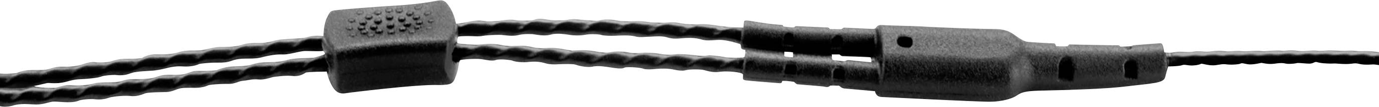 Zwei geflochtene Kabel mit einem kleinen rechteckigen Verbinder in der Mitte. Die Kabel haben gerade Enden und sind schwarz.