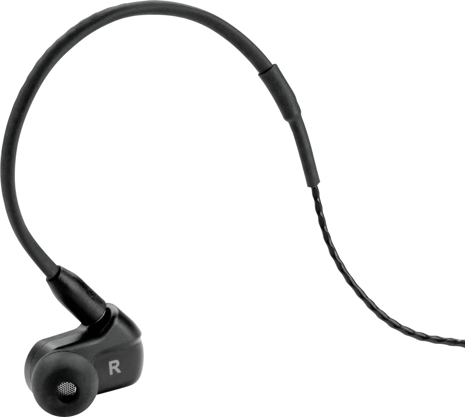 Ein schwarzer In-Ear-Kopfhörer mit gekrümmtem Kabel. Auf der Kopfhöreroberfläche befindet sich ein 'R', das die rechte Ohrseite anzeigt.