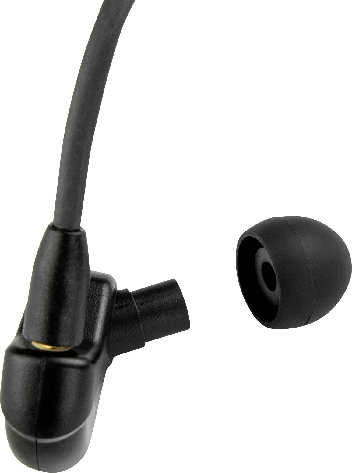 Schwarzer Ohrhörer mit abgenommenem Silikon-Ohrstöpsel, der Kabelanschluss und Details des Audiogeräts zeigt.