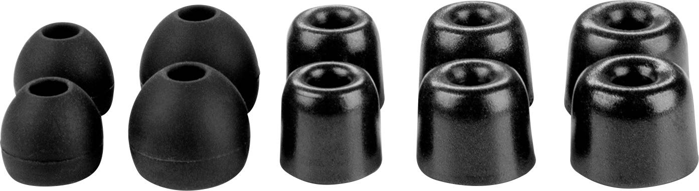 Drei Paare schwarzer Ohrstöpsel in verschiedenen Größen nebeneinander aufgereiht.