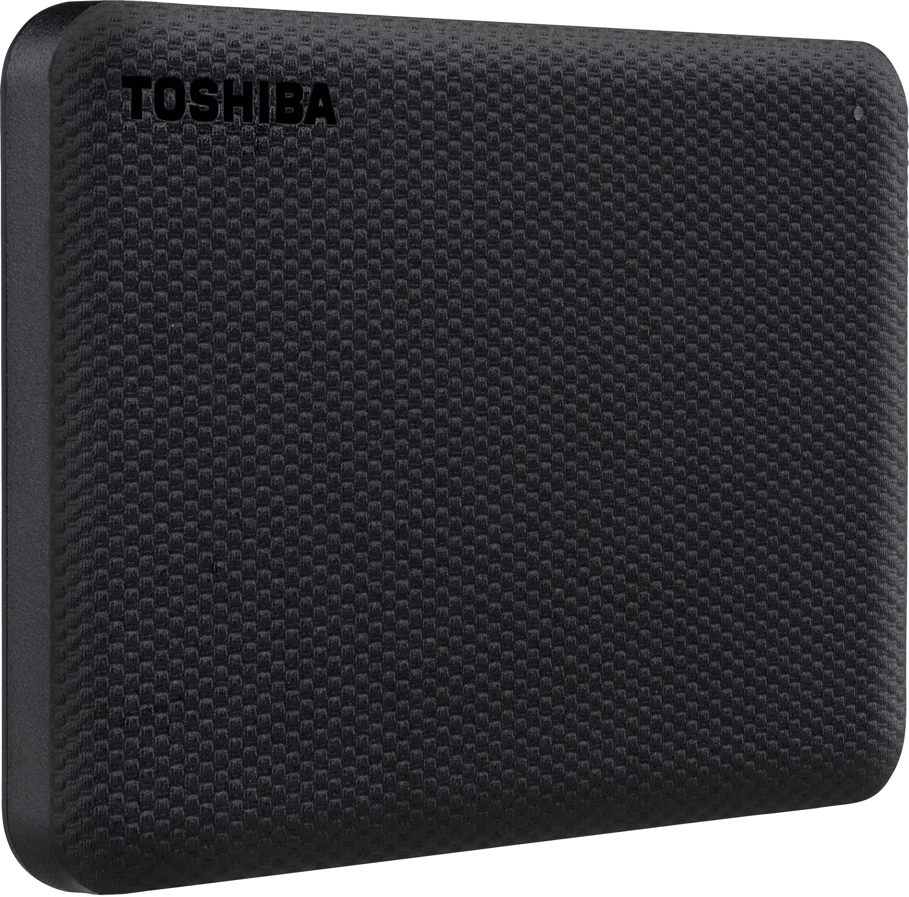 Externe Toshiba-Festplatte mit schwarzer, strukturierter Oberfläche.