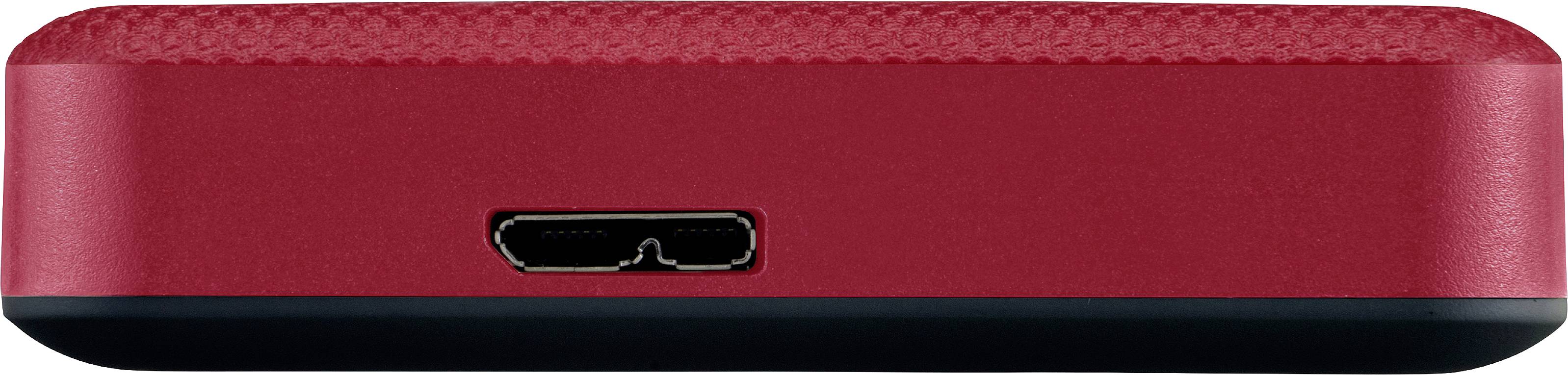 Rote, rechteckige Festplatte mit USB-Anschluss auf einer Seite, schwarze Basis.