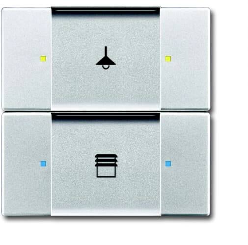 Zwei silberne Schalttasten: Oben eine mit Lampensymbol, unten eine mit Jalousiesymbol, beide mit kleinen farbigen LED-Anzeigen.